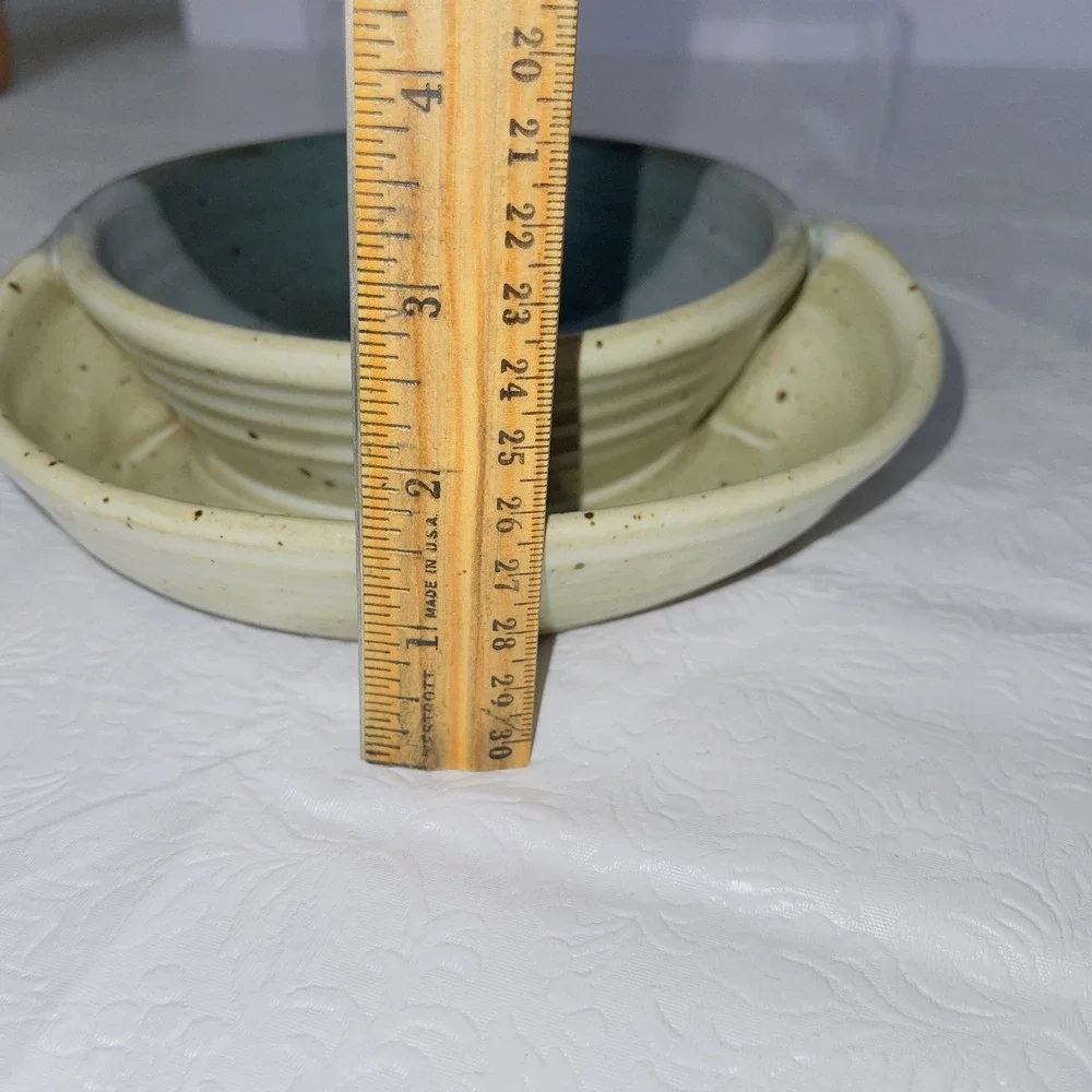Studio Pottery Soup & Crackers Bowl Integrated Saucer Tray Speckled Blue Green